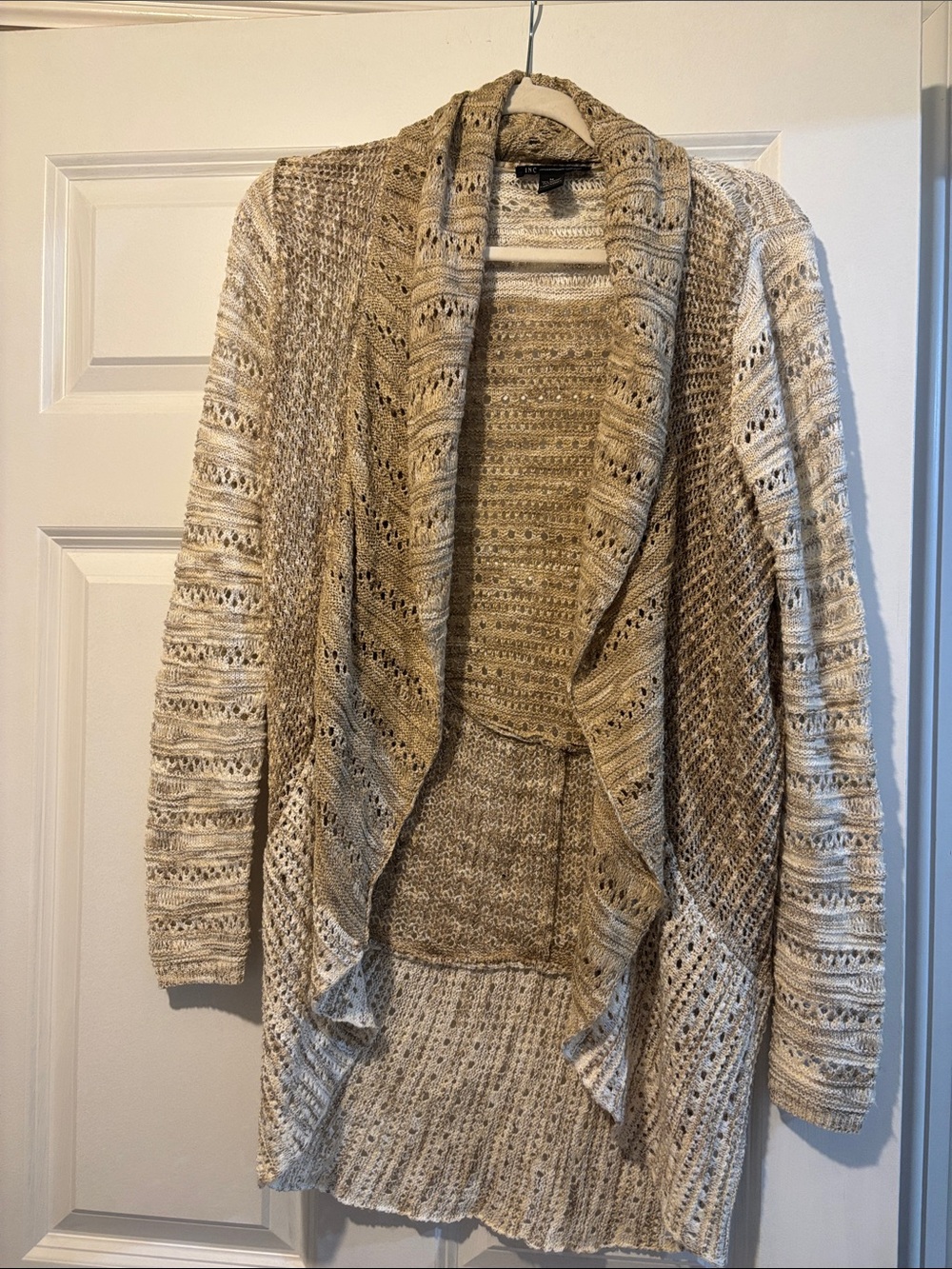 INC International Concepts Open-Front Knit Cardigan in Cream and Tan